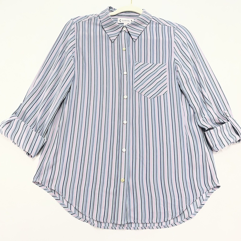Nanette Lepore Striped Button Front Top Womens XS Roll Tab Sleeve Blouse Pocket